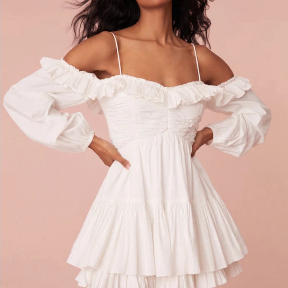Zennia Off-Shoulder Tiered Cotton Poplin Blouson-Sleeve Mini Dress